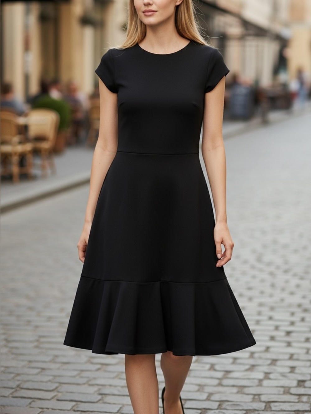 GAP Black Fit-and-Flare Ruffle-Hem Dress